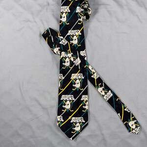 Vintage Mighty Ducks of Anaheim NHL Silk Tie Black Teal Yellow Logo 4" Width